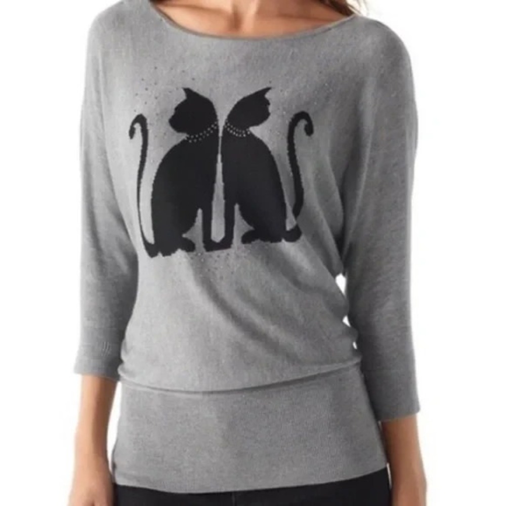 WHBM Cat Graphic Sweater Womens S Gray Rhinestone Embellished Novelty‎ Cute